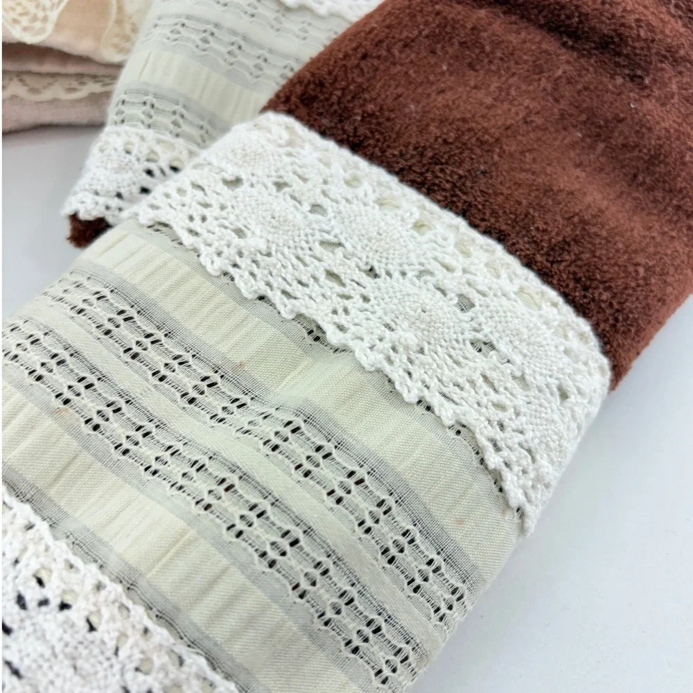 Vintage Martex Cannon Lace Trim Towel Set 5pc Pink Brown Cotton Cottage Coquette